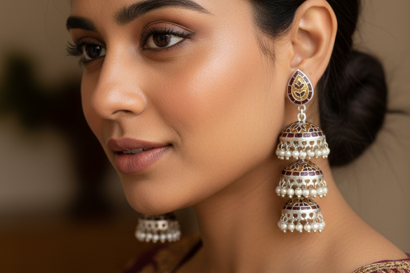 Handcrafted 925 silver jhumkas with traditional Meena enamel work and freshwater pearls. A festive, heirloom-worthy statement earring from Artificcers.