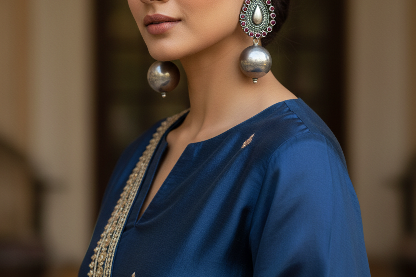 Advika - 925 Sterling Silver Large Jhumkas with Red Kemp Stones