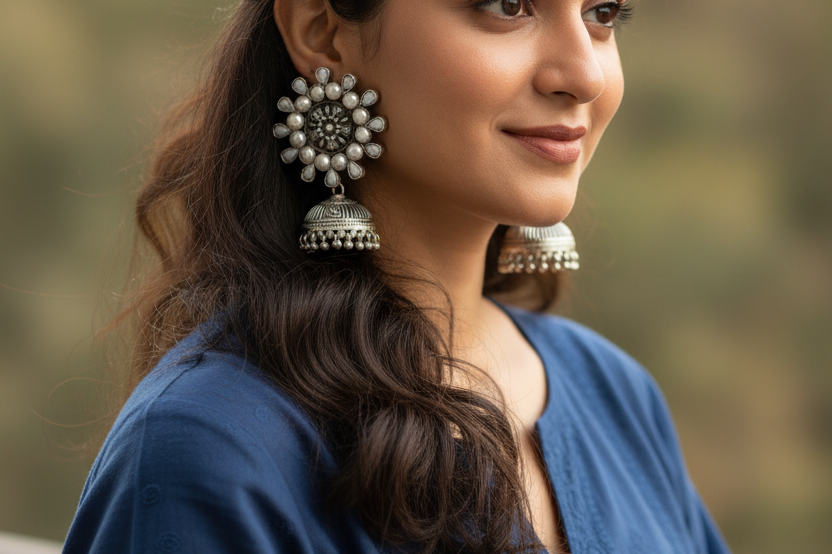 Motiya - 925 Silver Jhumka and detachable Ear Chain Embellished with Natural Pearls