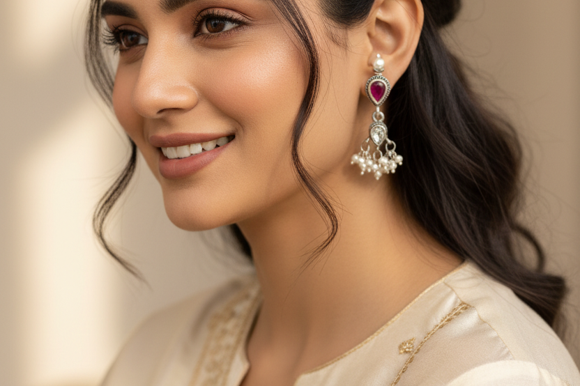 Handcrafted in 925 Silver | Pink Zircon & Freshwater Pearls Earrings