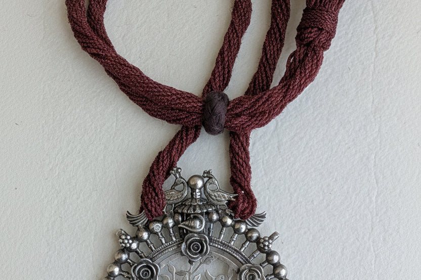 Vasanta - Heirloom Antique 925 Silver Extra Large Pendant Necklace with Jute Dori
