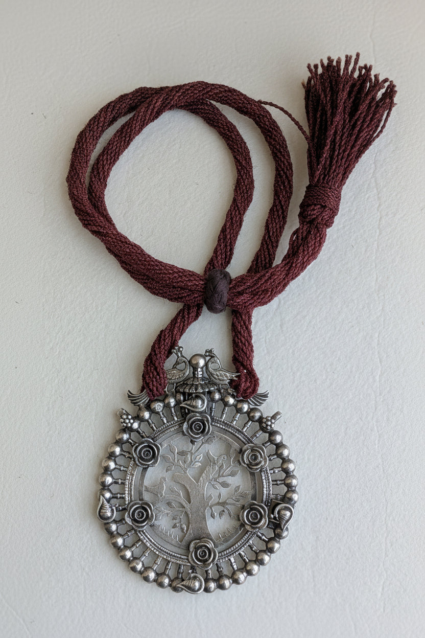 Vasanta - Heirloom Antique 925 Silver Extra Large Pendant Necklace with Jute Dori