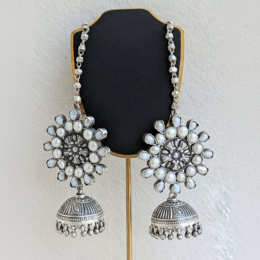 Motiya - 925 Silver Jhumka and detachable Ear Chain Embellished with Natural Pearls