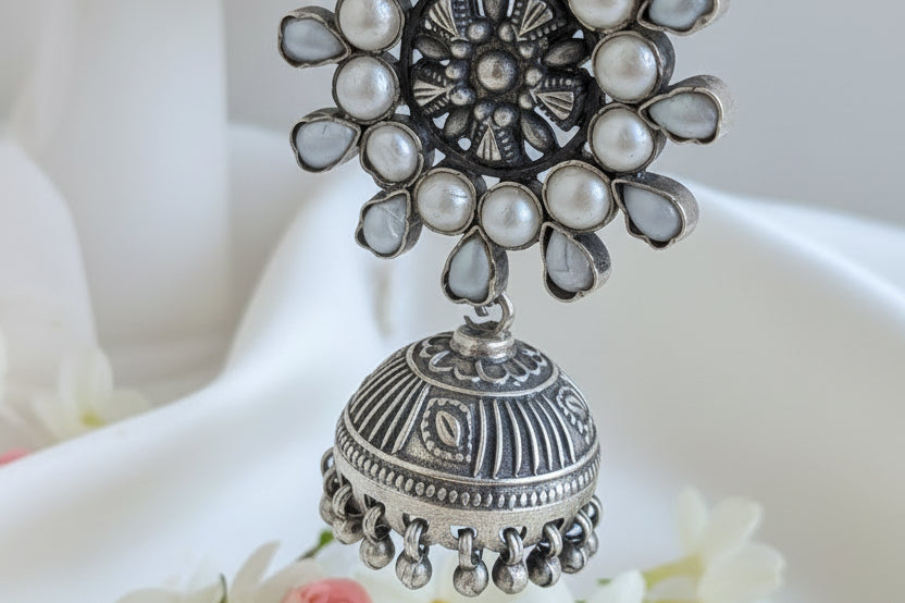 Motiya - 925 Silver Jhumka and detachable Ear Chain Embellished with Natural Pearls