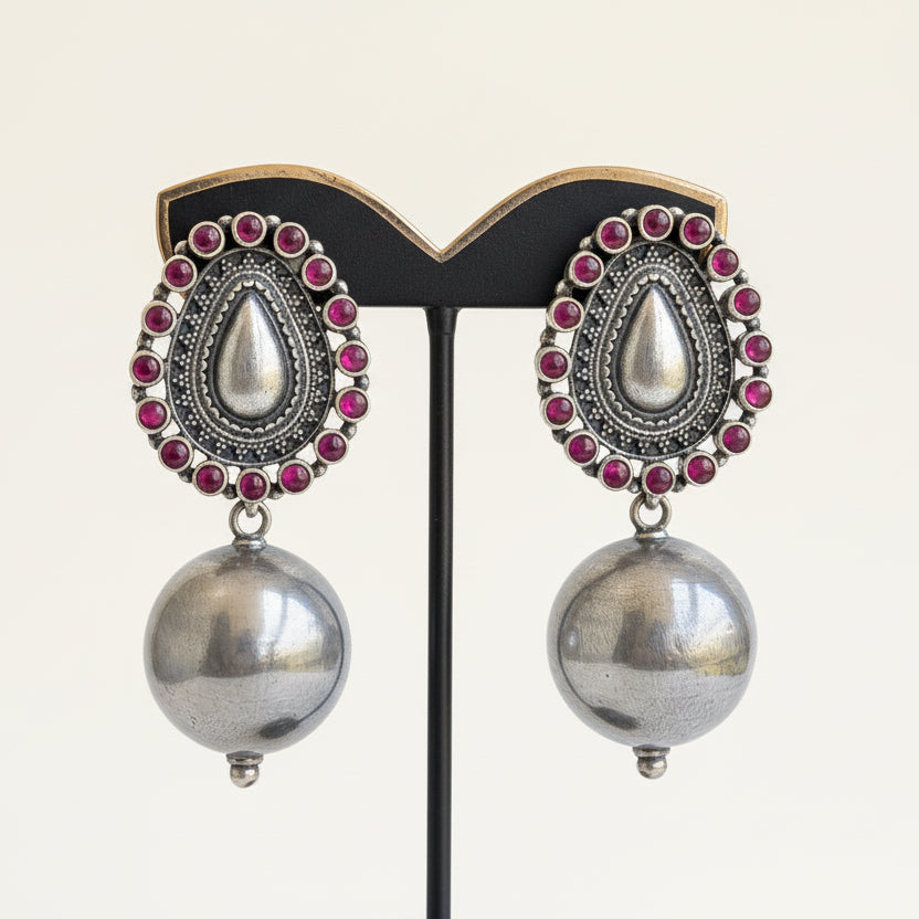 Advika - 925 Sterling Silver Large Jhumkas with Red Kemp Stones