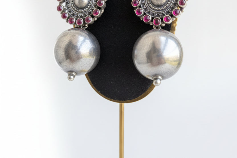 Advika - 925 Sterling Silver Large Jhumkas with Red Kemp Stones