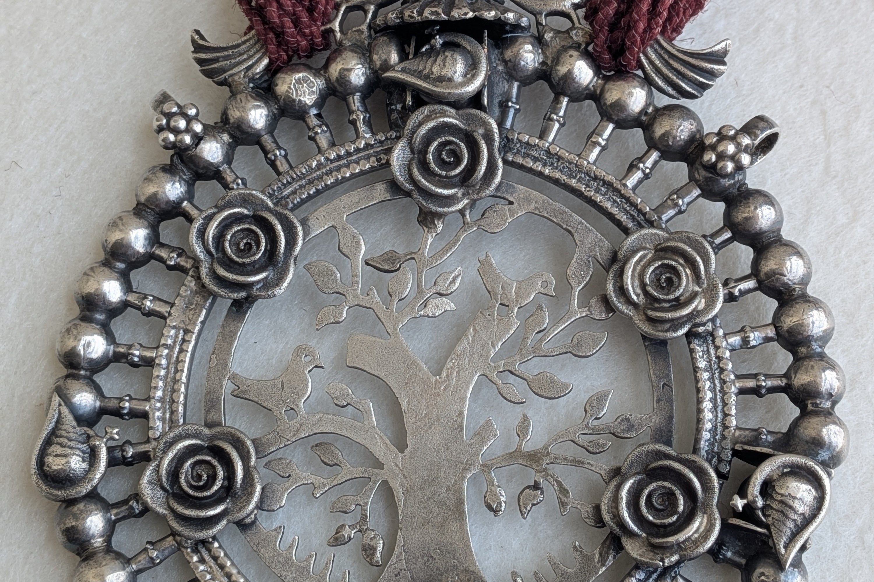 Vasanta - Heirloom Antique 925 Silver Extra Large Pendant Necklace with Jute Dori