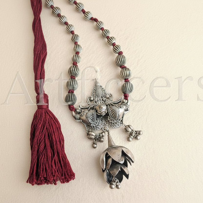 Aradhya - Antique 925 Silver Heirloom Neckpiece with Cotton Thread