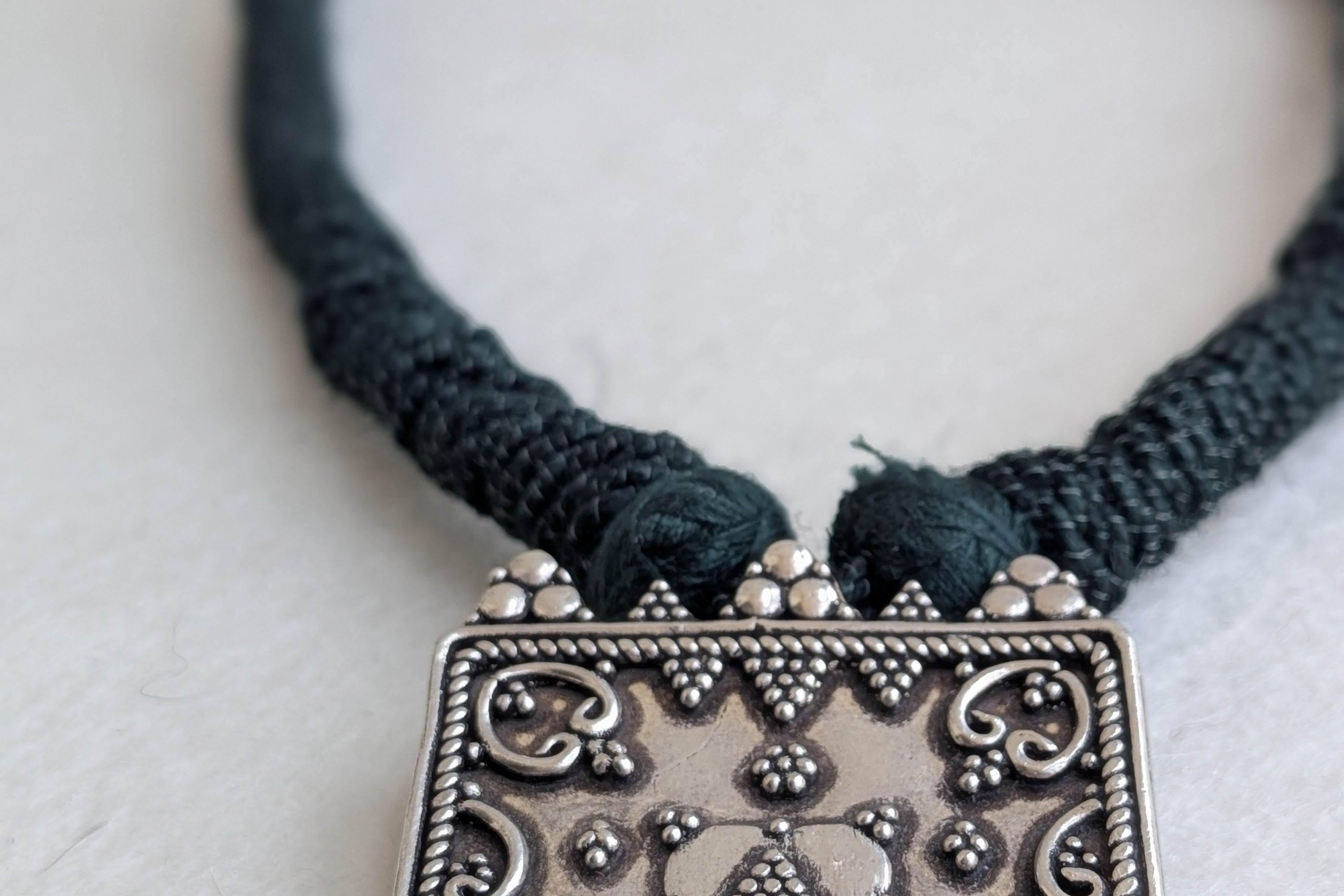 Tara - Unique square shaped 925 sterling silver pendant suspended on a natural jute dori
