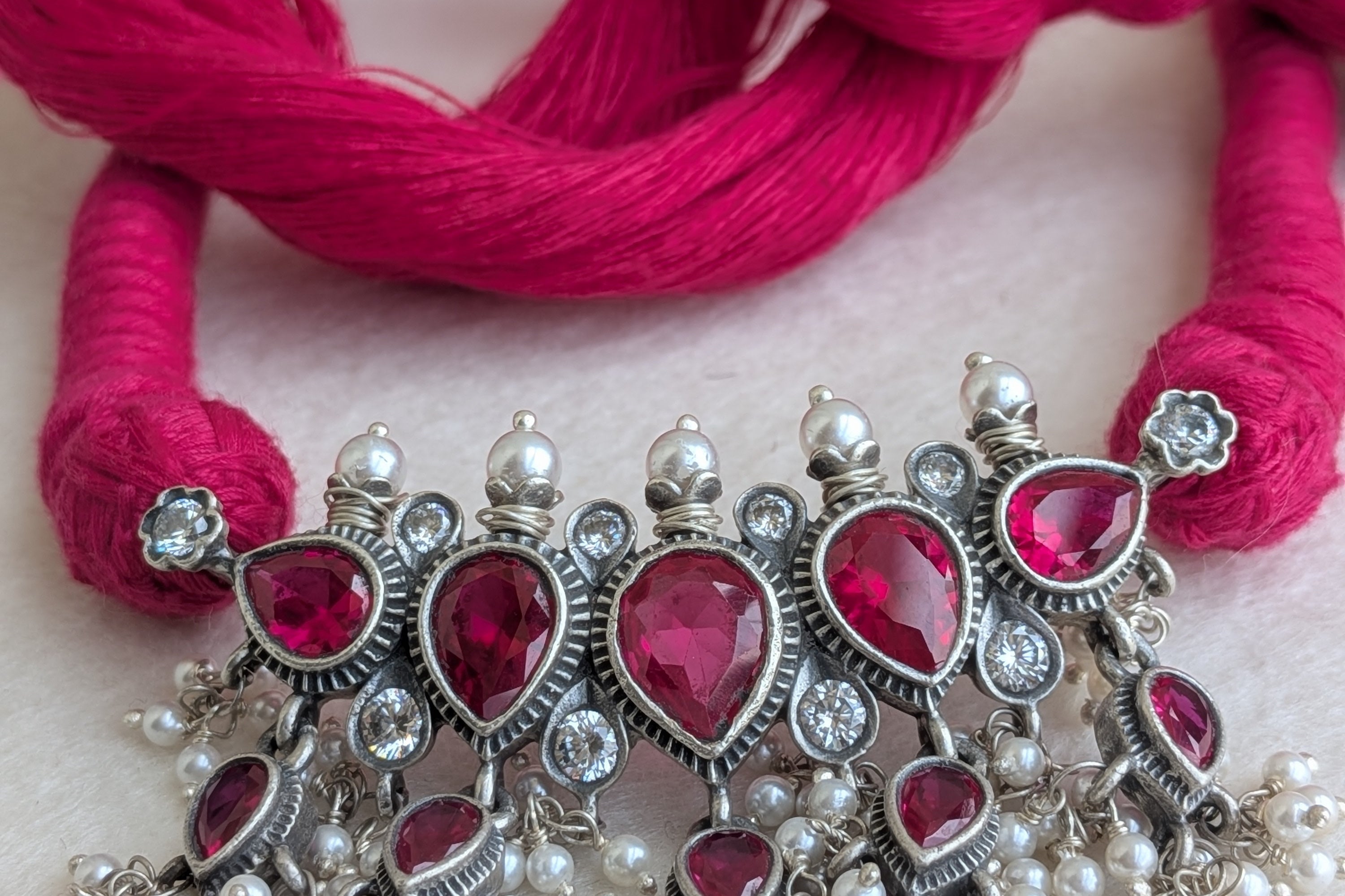 Aadyaa- 925 Sterling Silver Tanmani Necklace with Freshwater Pearls, Pink Zircon and Silk Thread