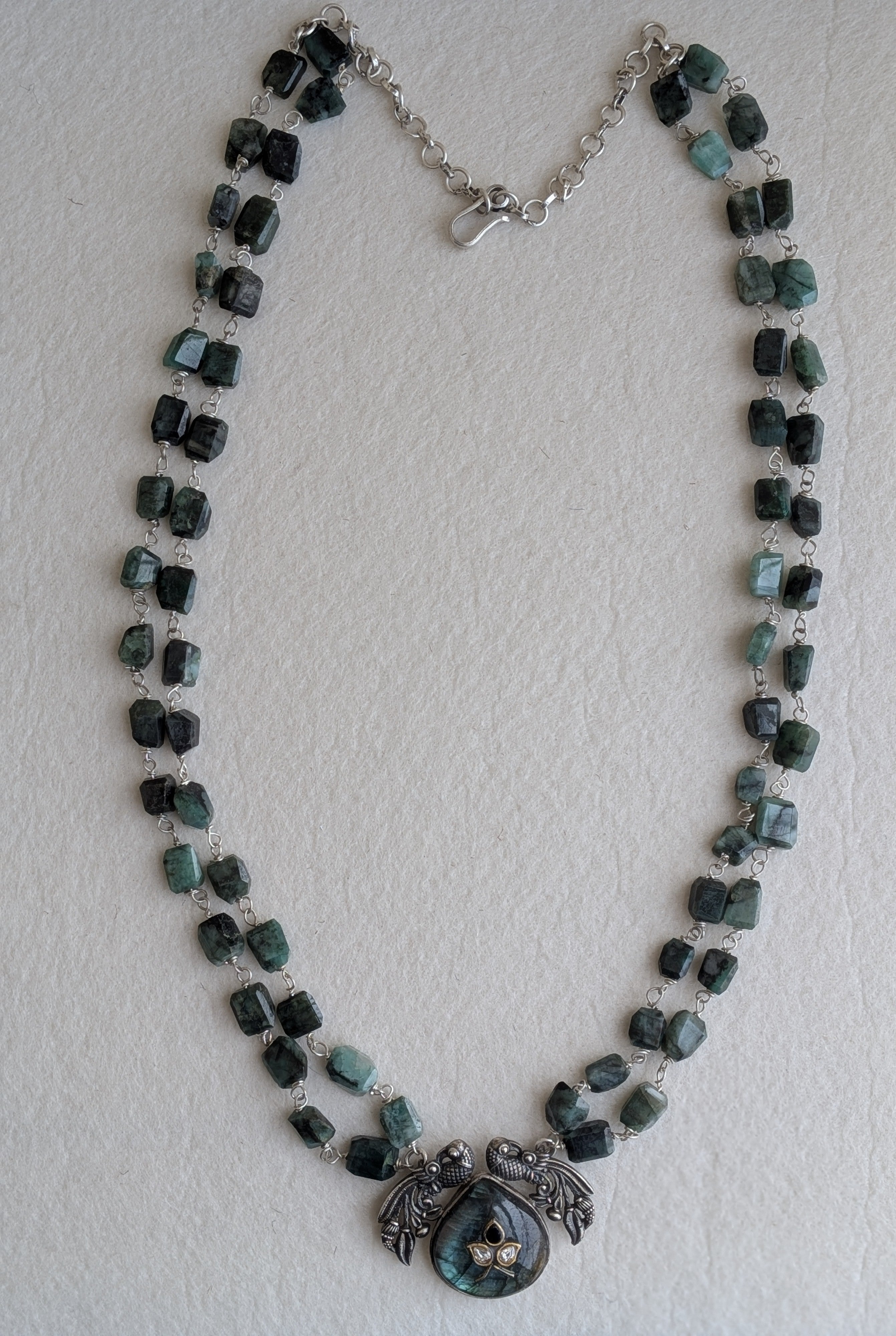Panna - Hairloom Emerald & Labradorite Necklace with Intricate Jadau Work - 925 Silver
