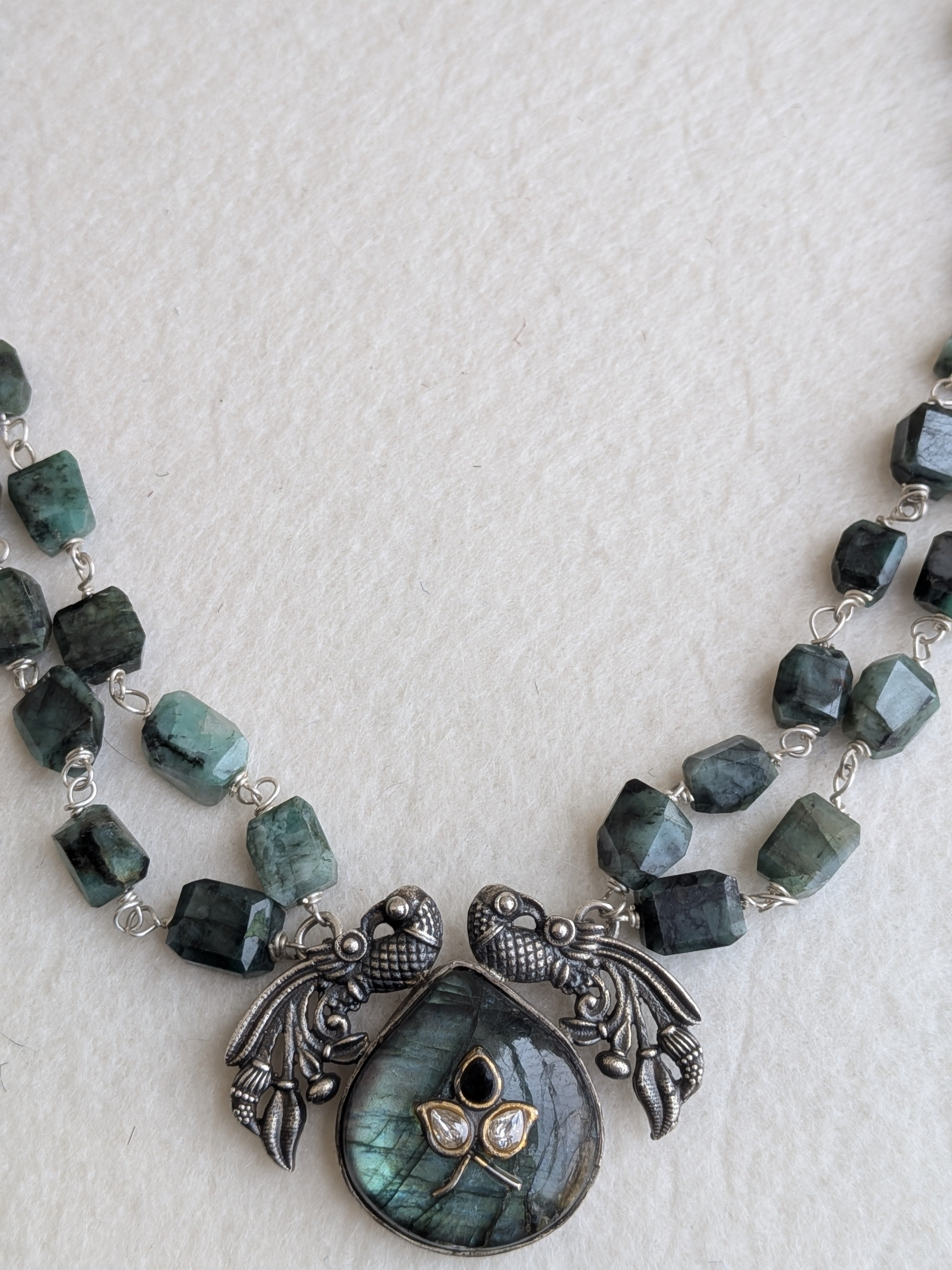 Panna - Hairloom Emerald & Labradorite Necklace with Intricate Jadau Work - 925 Silver
