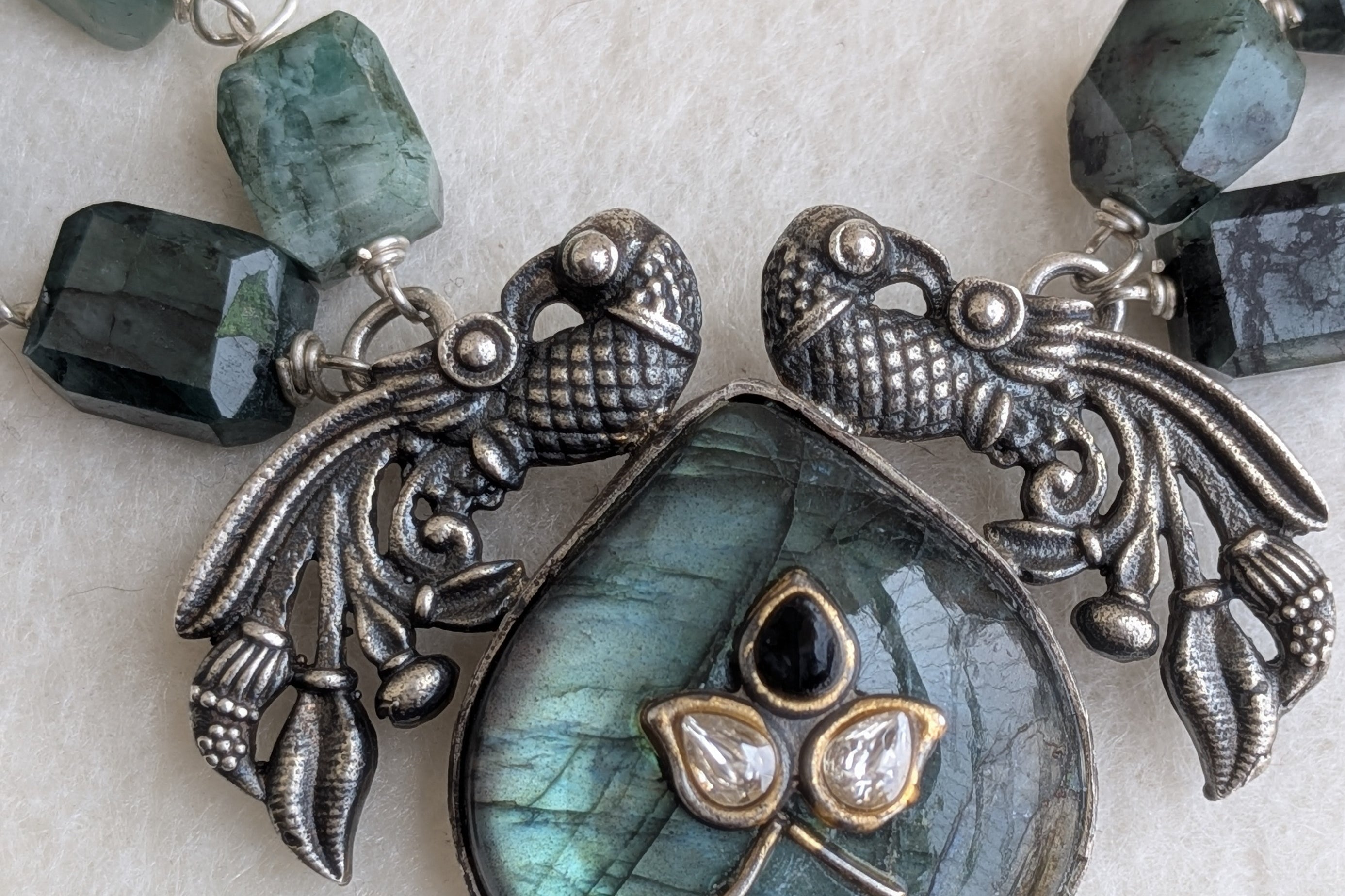 Panna - Hairloom Emerald & Labradorite Necklace with Intricate Jadau Work - 925 Silver