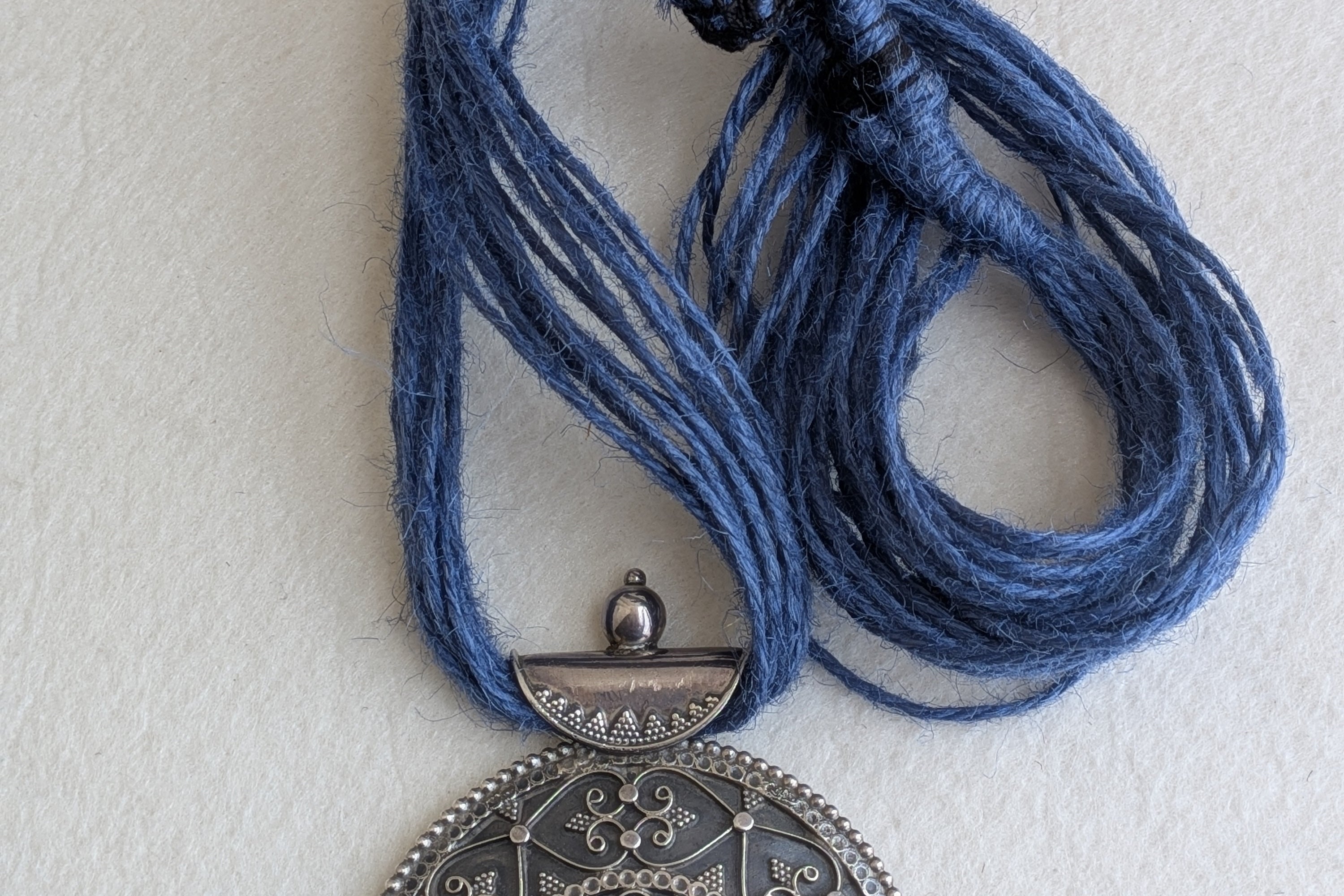 Nalini - Stunning Ethnic Large Antique Silver pendant paired with Jute thread neckpiece