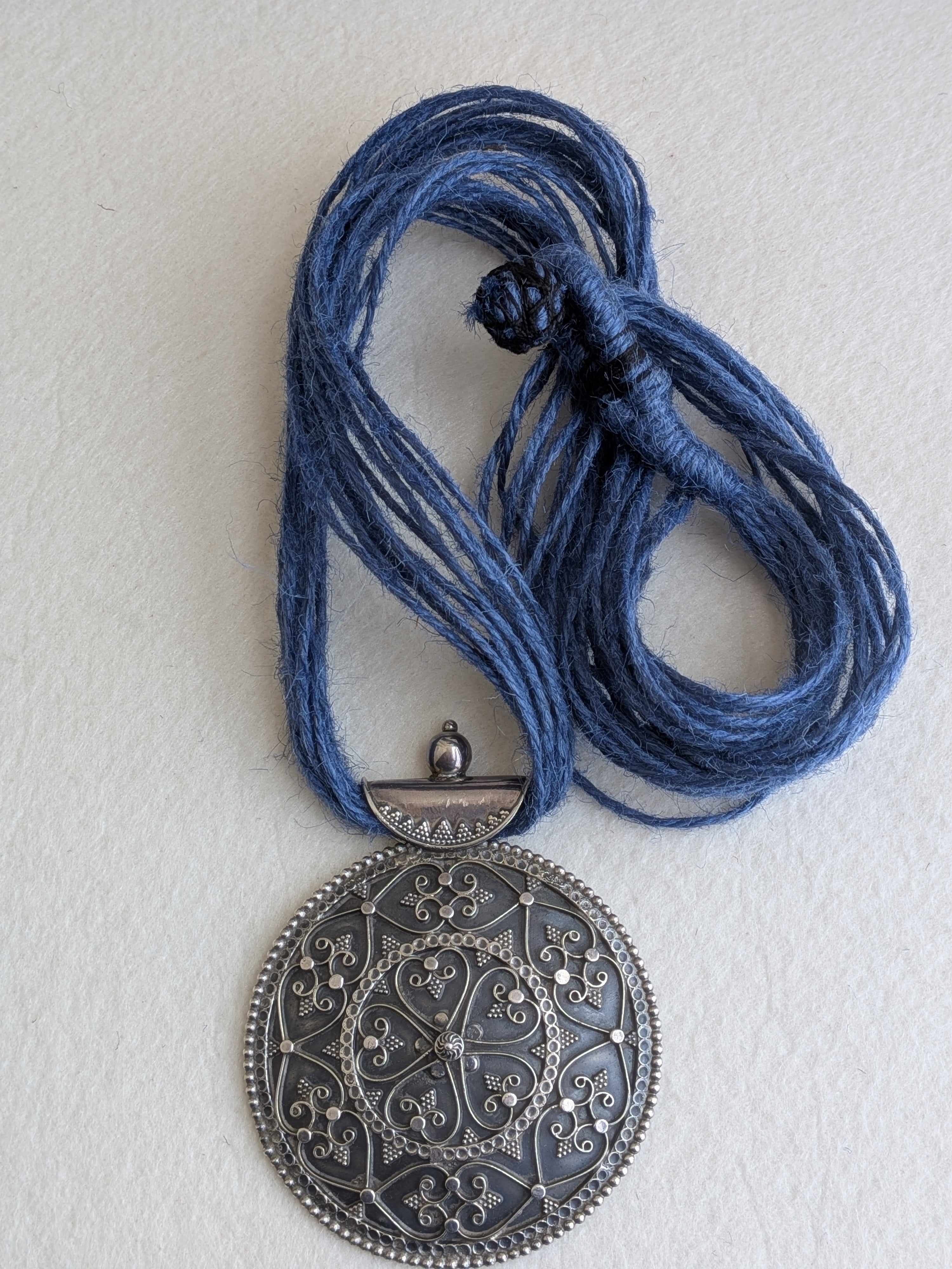 Nalini - Stunning Ethnic Large Antique Silver pendant paired with Jute thread neckpiece