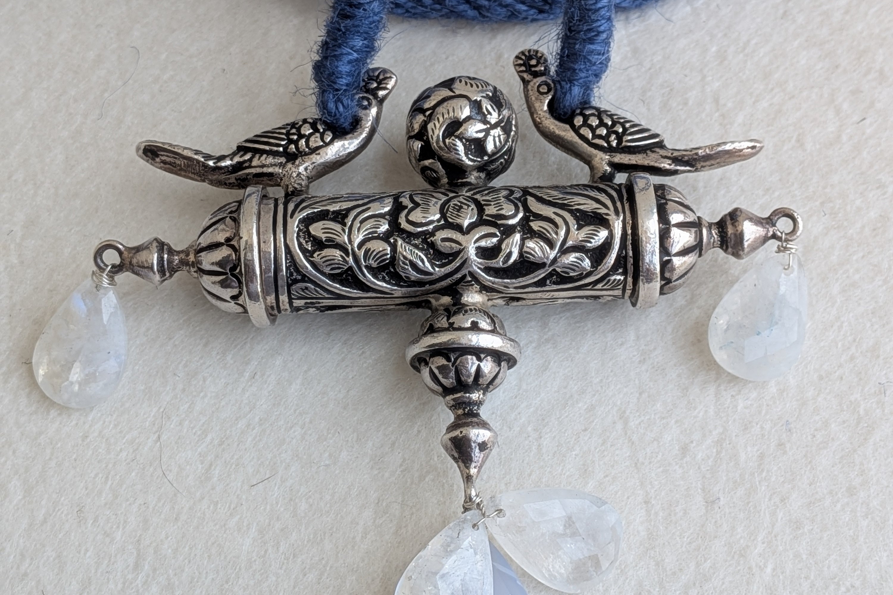 Amara - Statement Silver Peacock Pendant with Moonstone & Chalcedony - Blue Jute Dori
