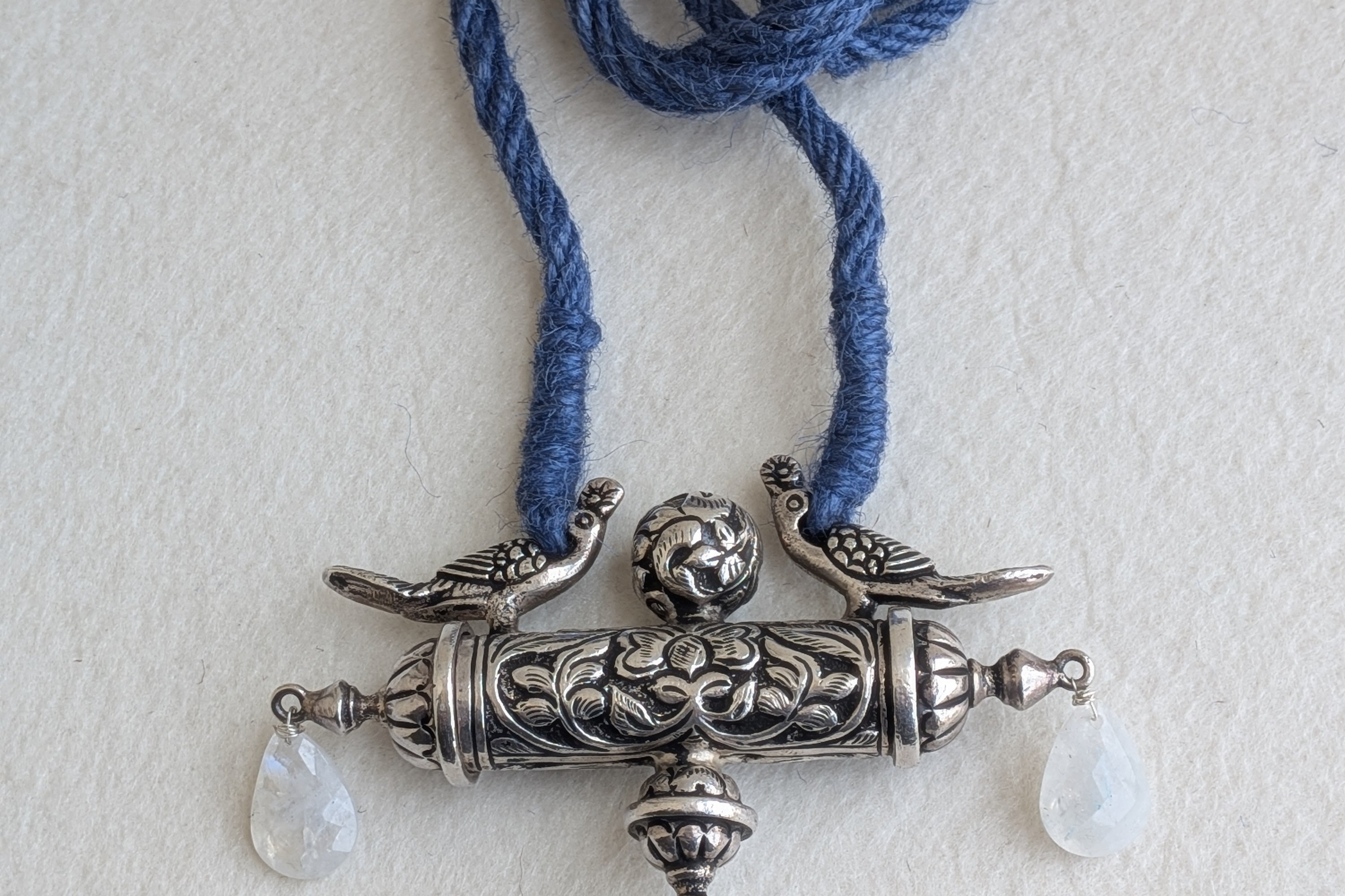 Amara - Statement Silver Peacock Pendant with Moonstone & Chalcedony - Blue Jute Dori