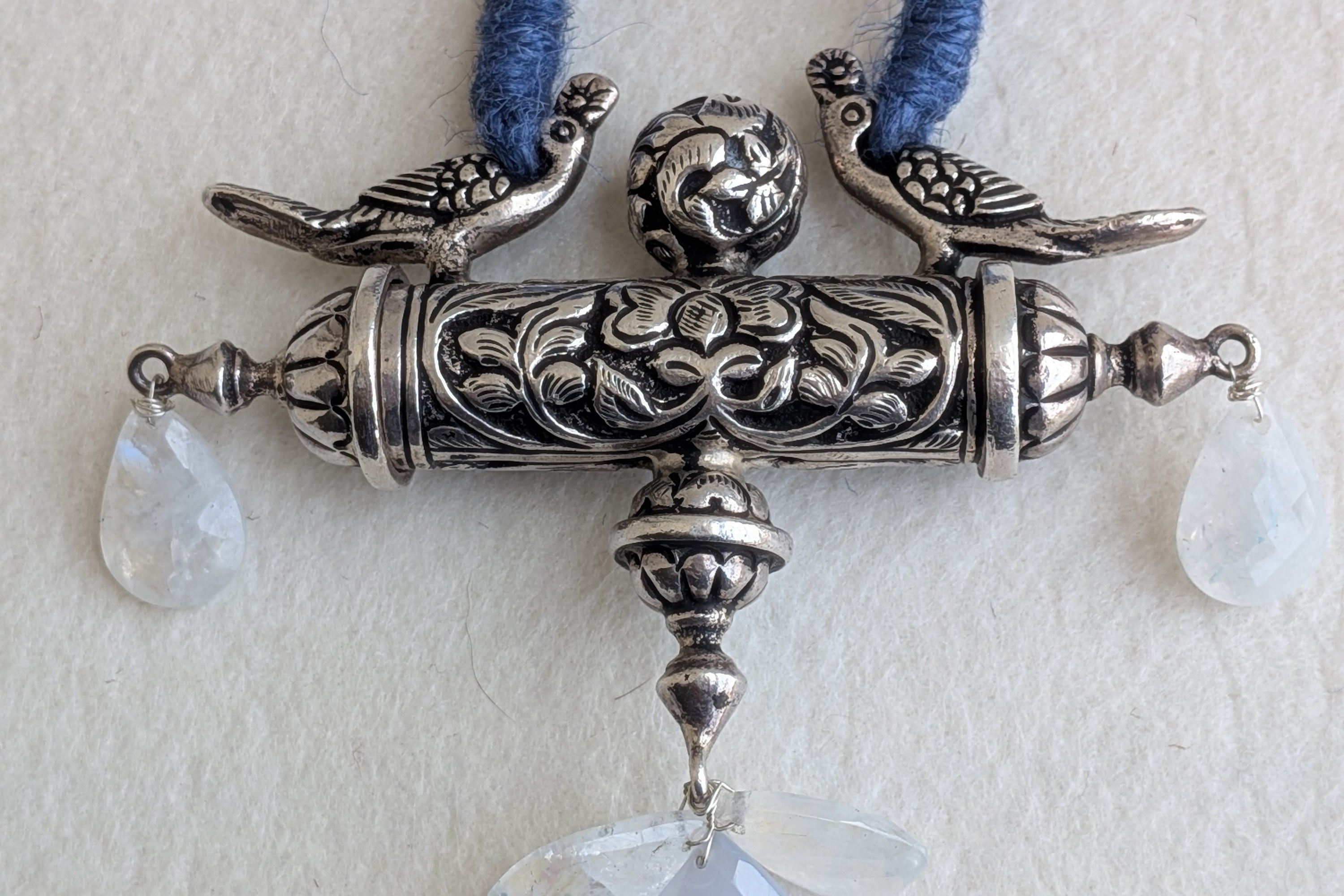 Amara - Statement Silver Peacock Pendant with Moonstone & Chalcedony - Blue Jute Dori
