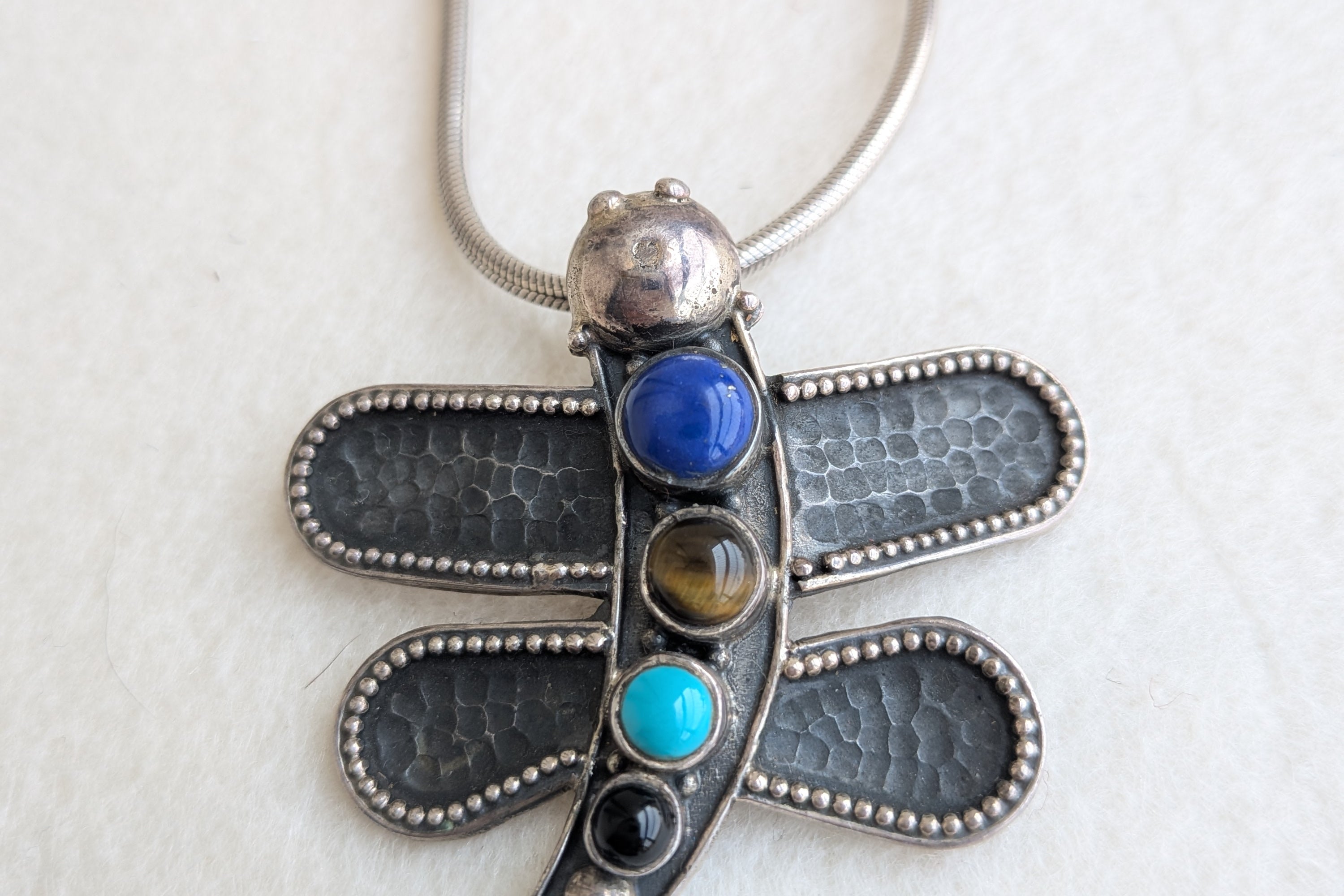Dragonfly - 925 Silver Pendant - Tiger's Eye, Lapis Lazuli & Black Onyx