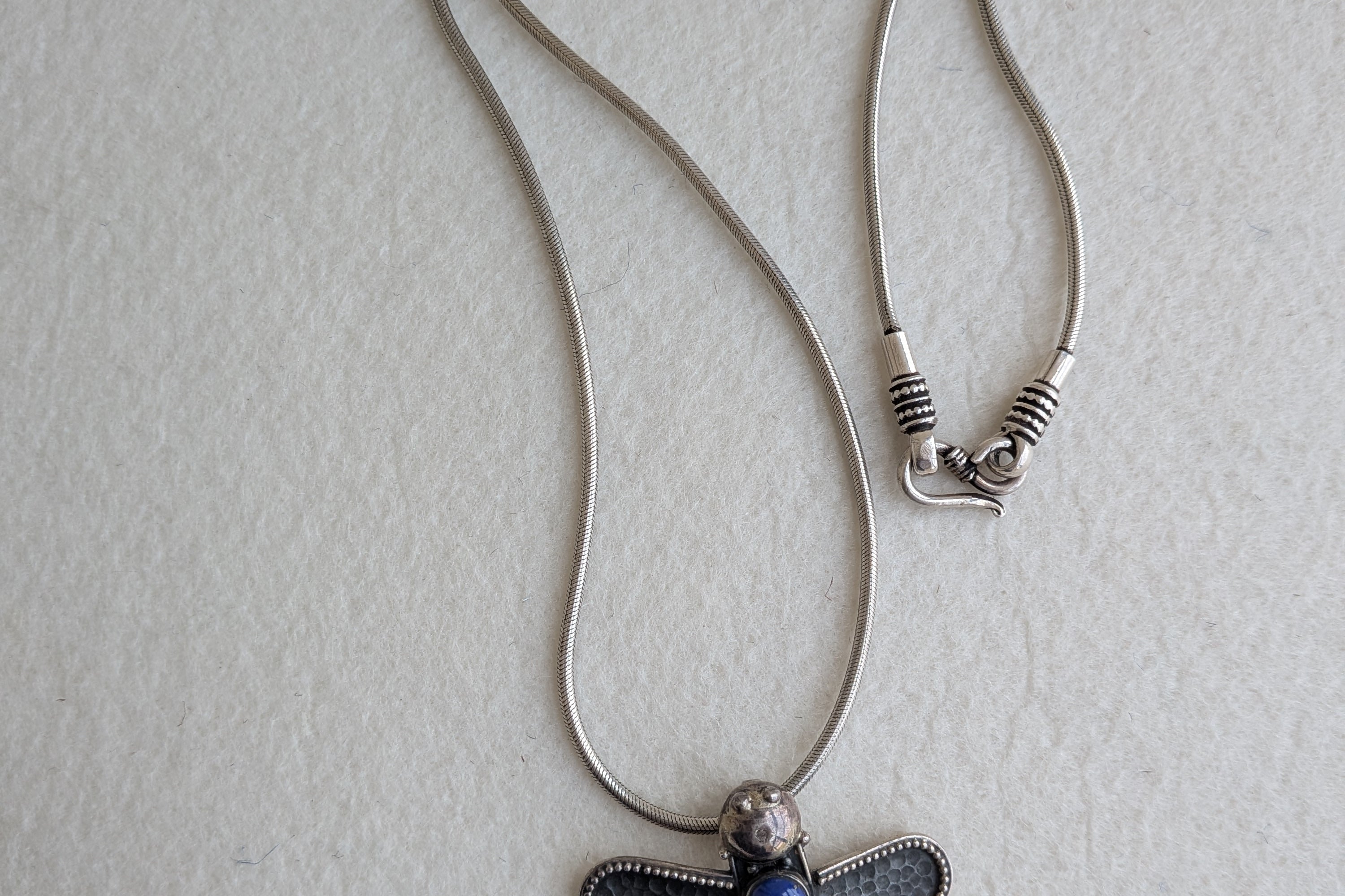 Dragonfly Chain - 925 Silver Long Thai Chain with Pendant - Tiger's Eye, Lapis Lazuli & Black Onyx