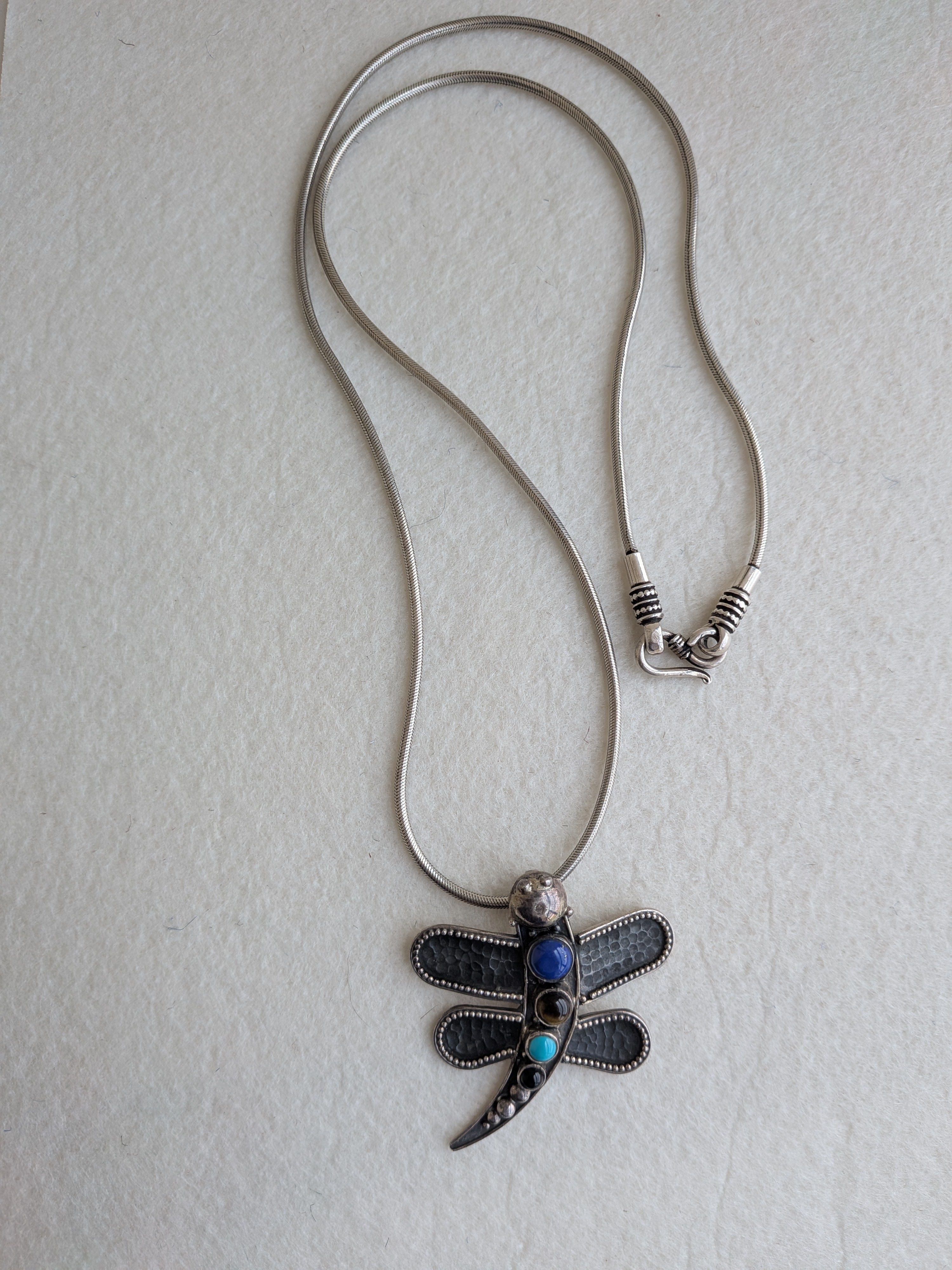 Dragonfly Chain - 925 Silver Long Thai Chain with Pendant - Tiger's Eye, Lapis Lazuli & Black Onyx