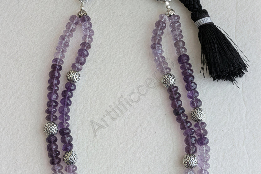 Handcrafted AAA+ amethyst two strand necklace in 925 sterling silver from Artificcers