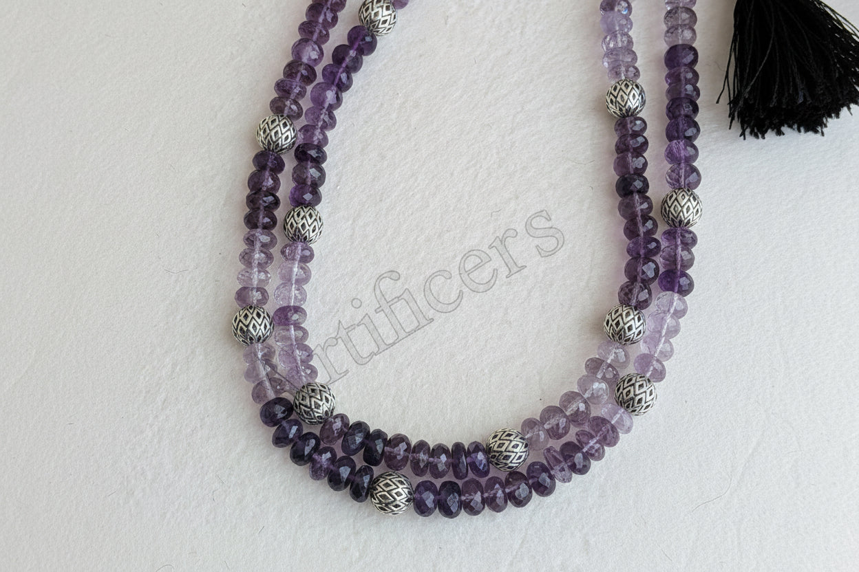 Handcrafted AAA+ amethyst two strand necklace in 925 sterling silver from Artificcers