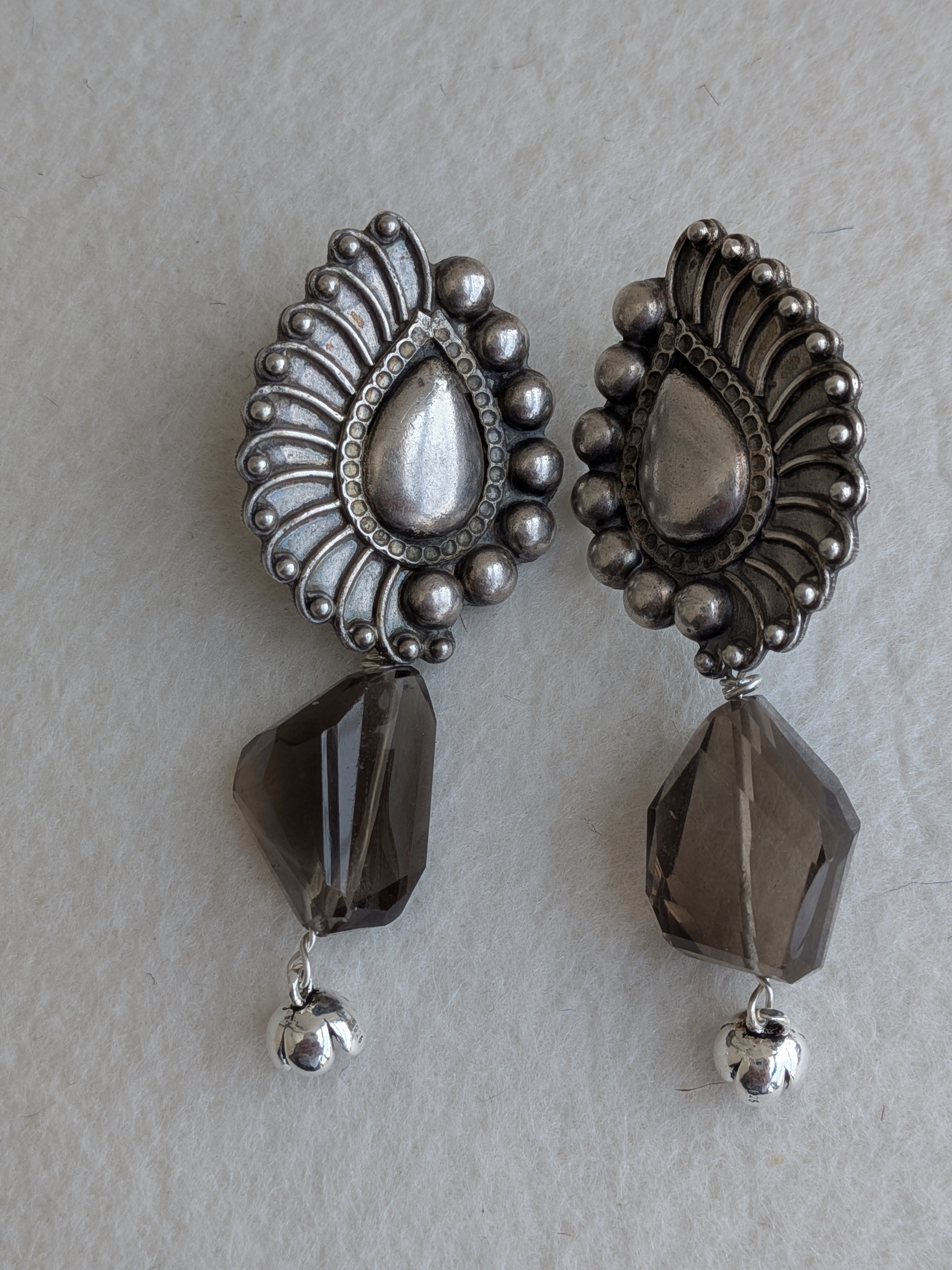 Morni - Peacock Feather 925 Silver Tops adorned with original smokey quartz nuggets