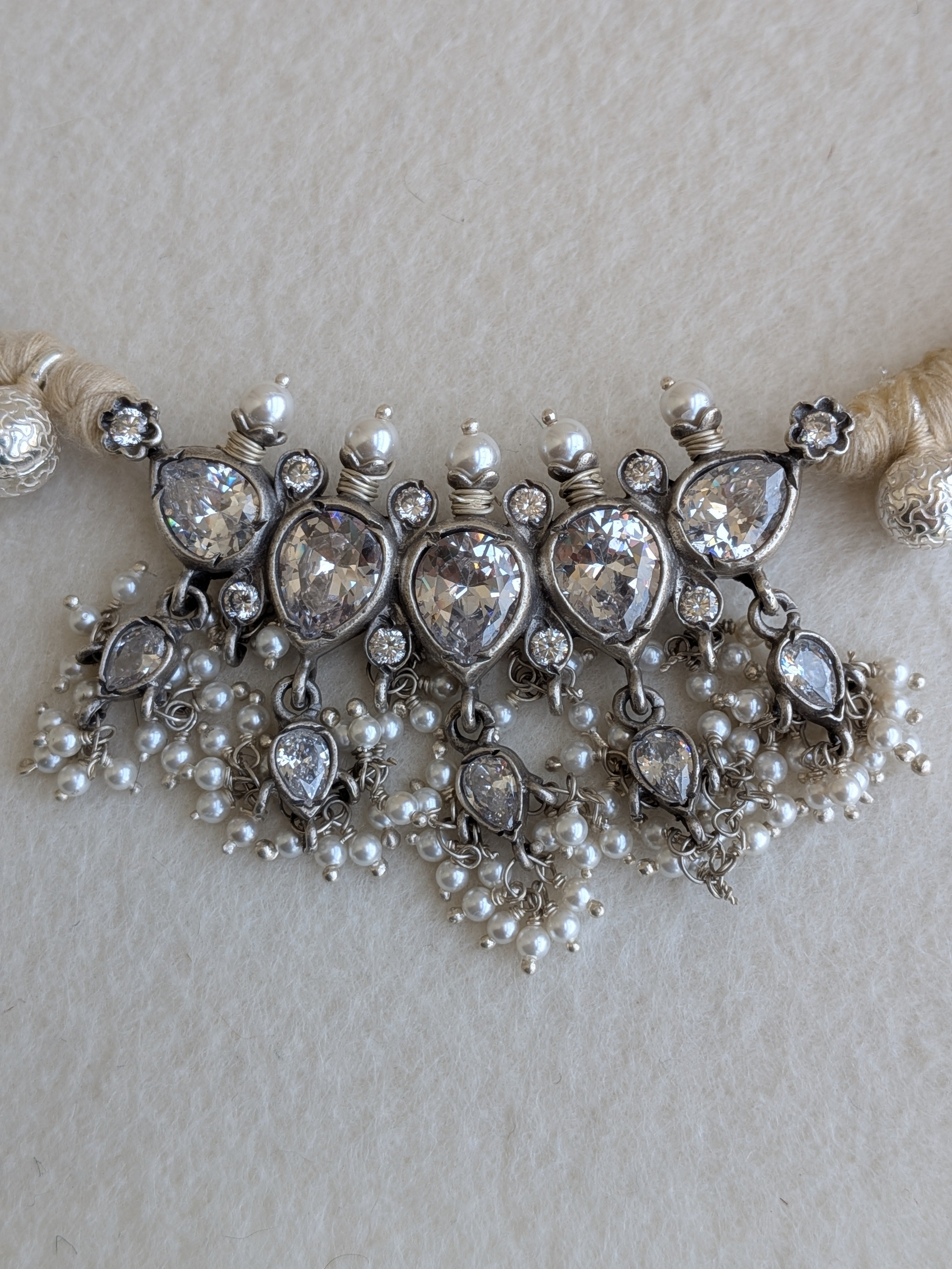 Gajara Tanmani - 925 Silver Necklace adorned with Zircon beads & Freshwater Pearls