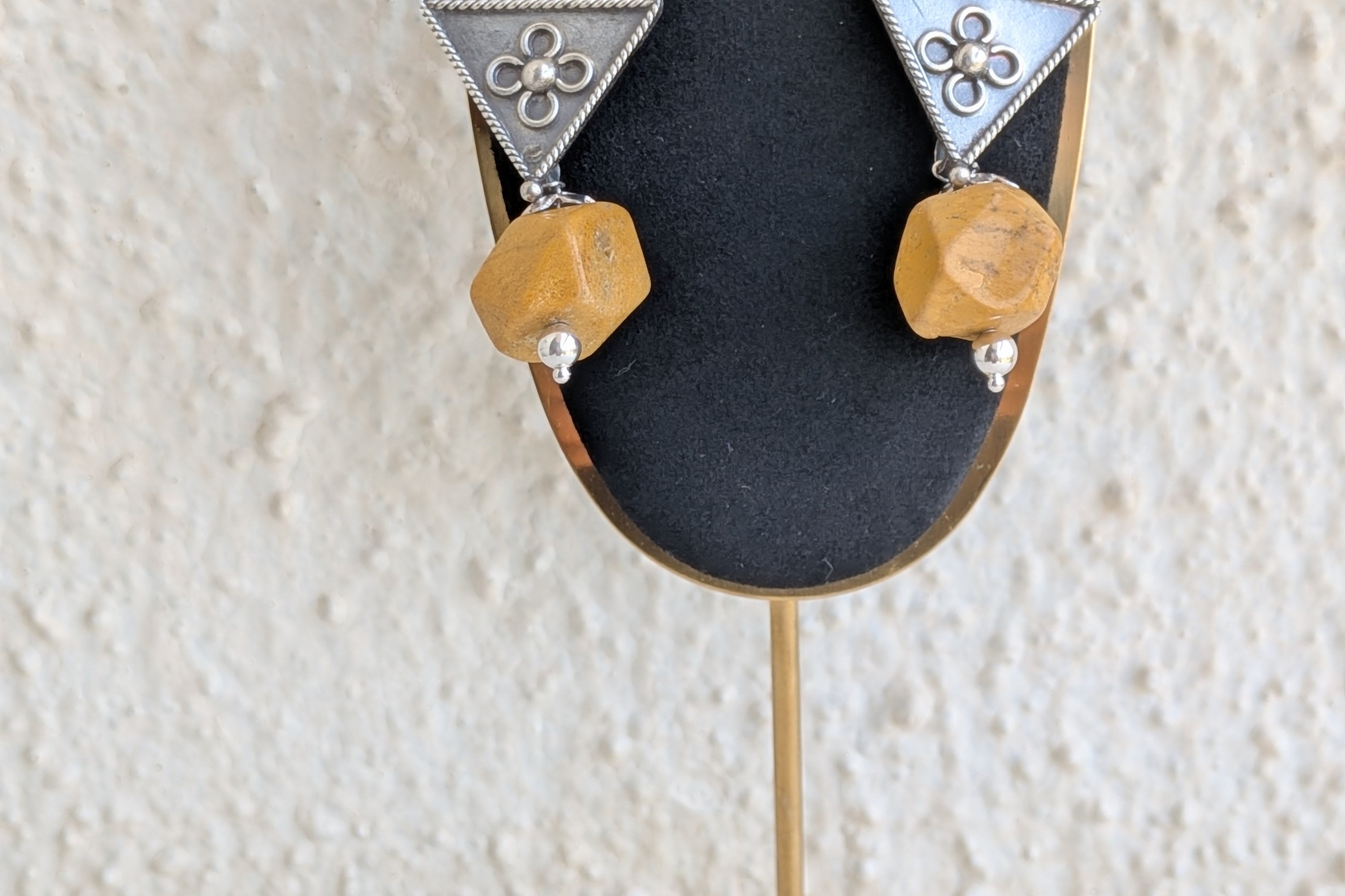 Handcrafted rhombus-shaped 925 silver earrings with yellow agate stones. Perfect for weddings, festivals, and traditional celebrations.