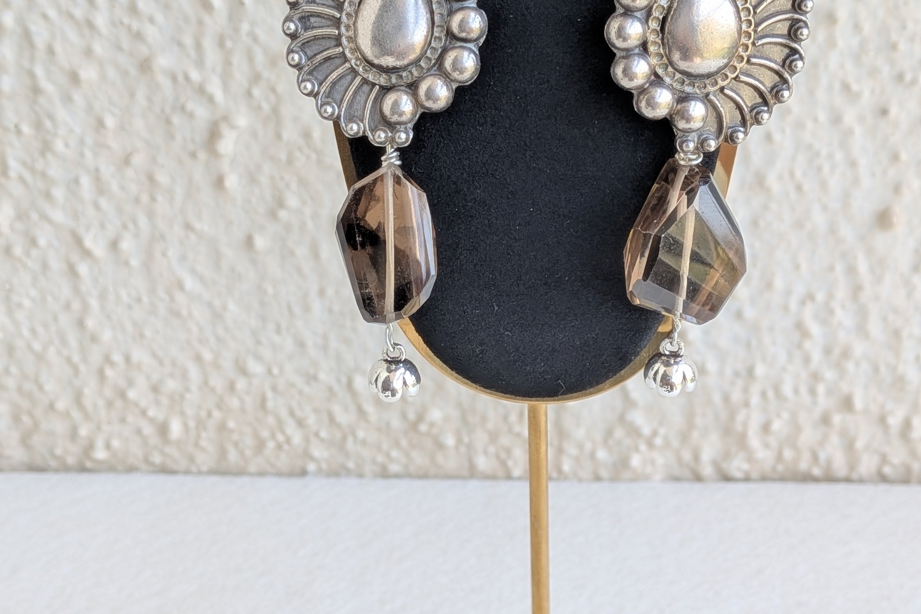 Morni - Peacock Feather 925 Silver Tops adorned with original smokey quartz nuggets