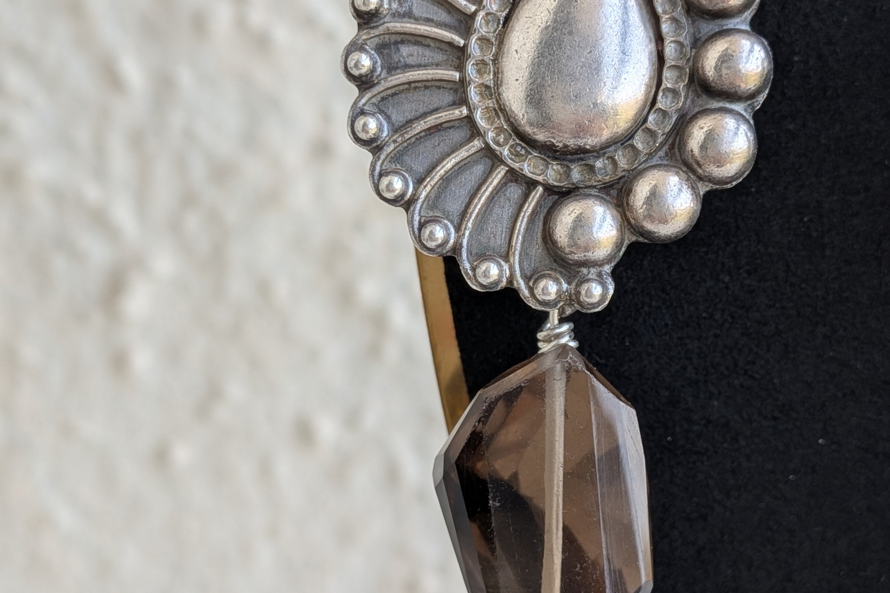 Morni - Peacock Feather 925 Silver Tops adorned with original smokey quartz nuggets