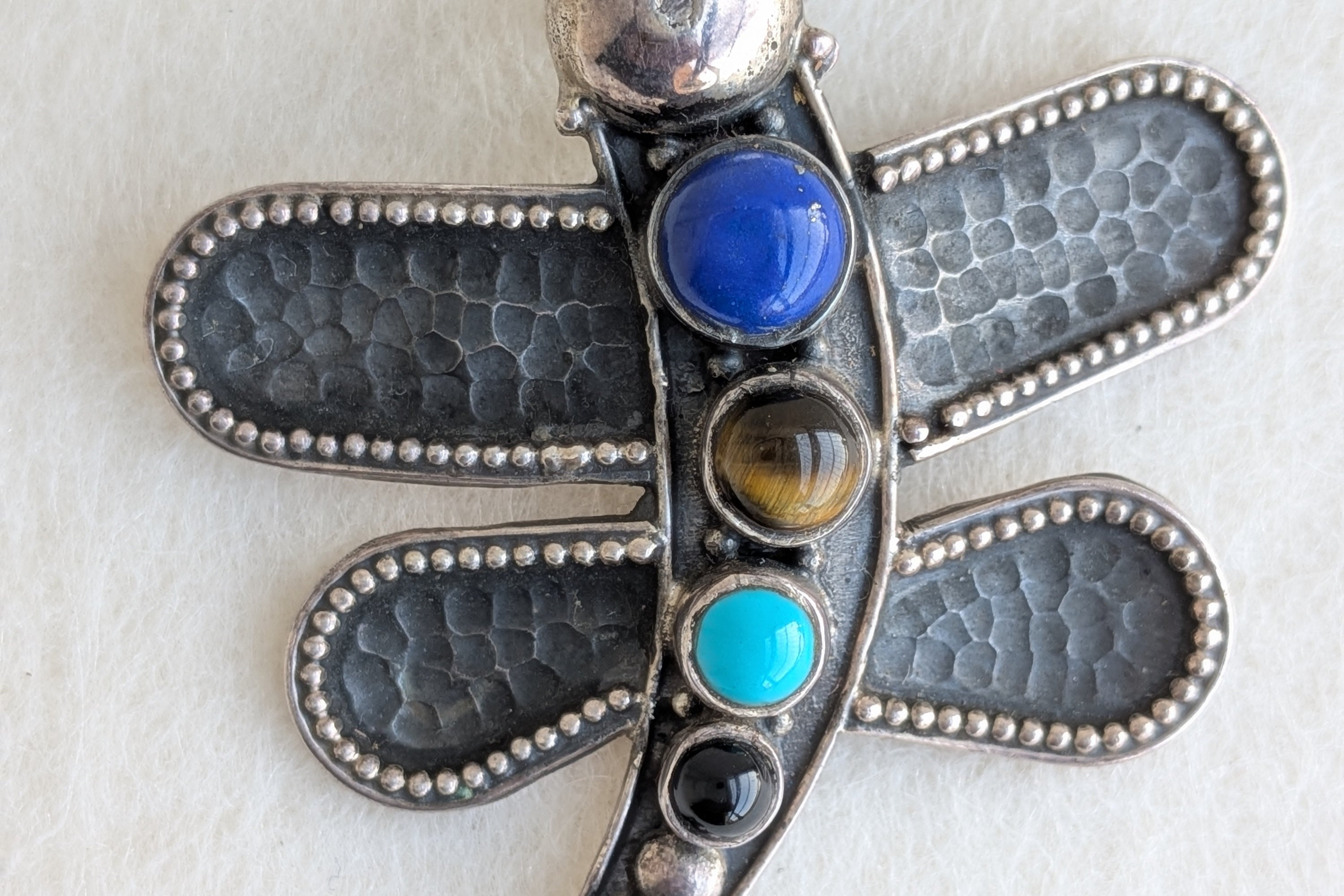 Dragonfly - 925 Silver Pendant - Tiger's Eye, Lapis Lazuli & Black Onyx