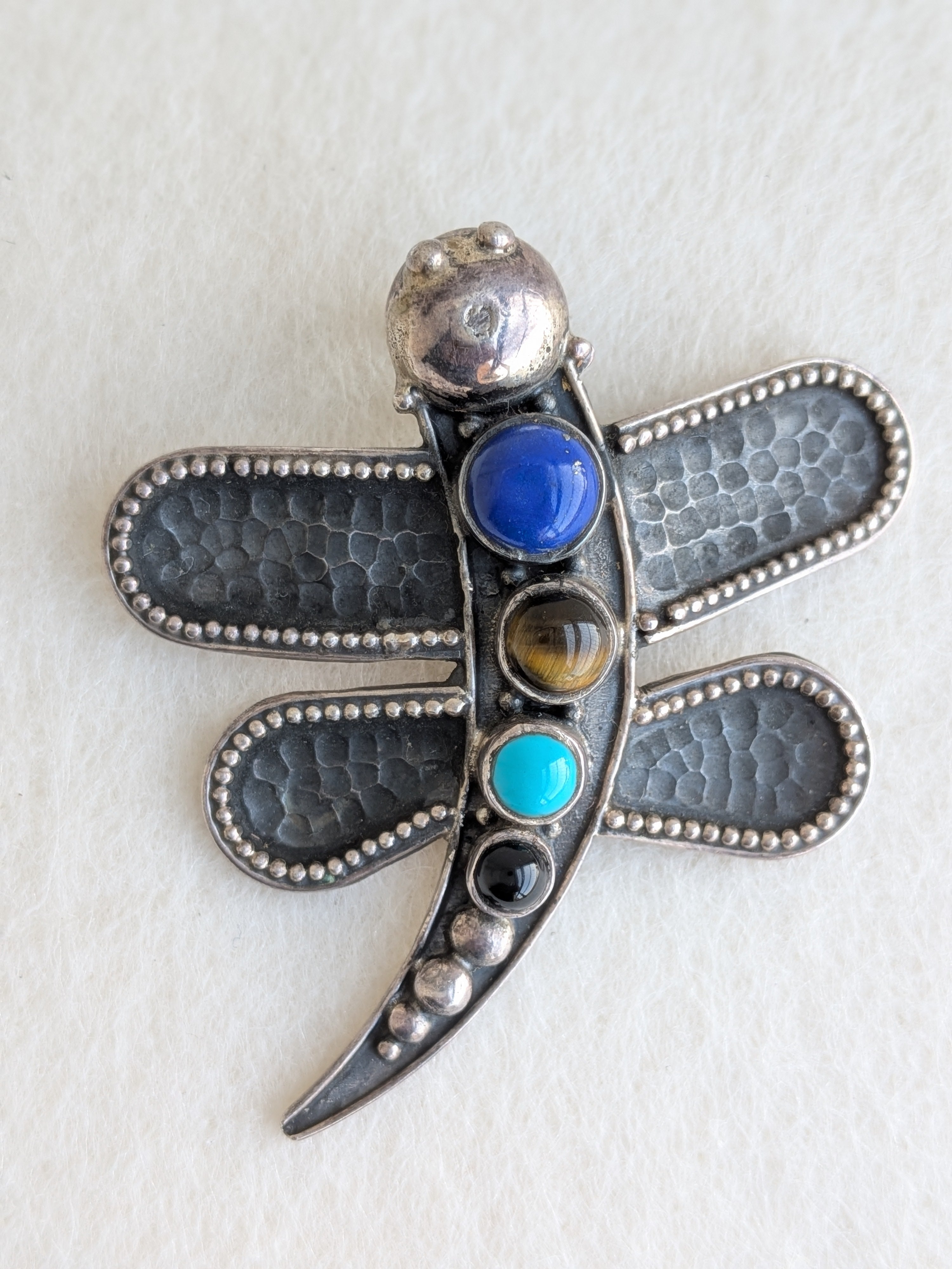 Dragonfly - 925 Silver Pendant - Tiger's Eye, Lapis Lazuli & Black Onyx