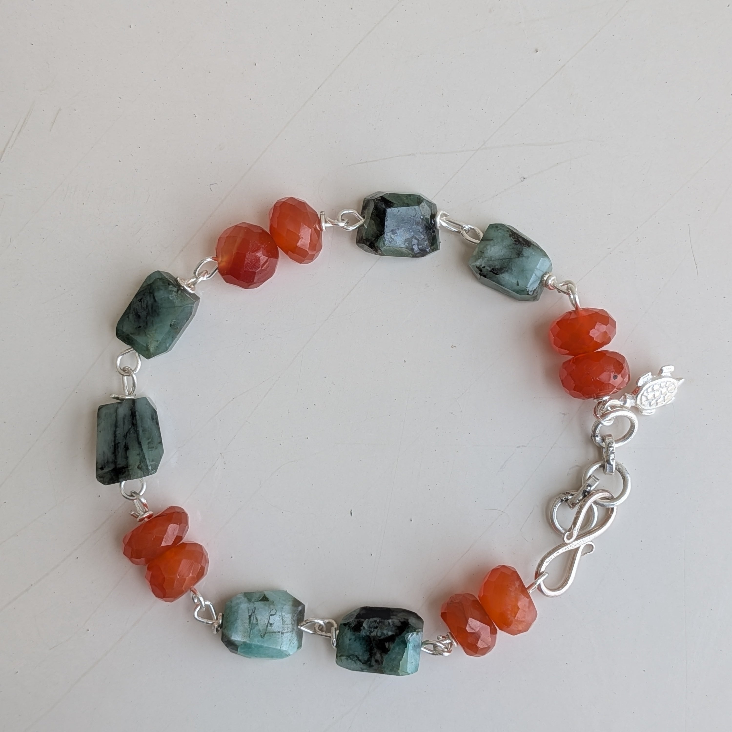 Handcrafted 925 silver bracelet with original Emerald nugget and Carnelian stones
