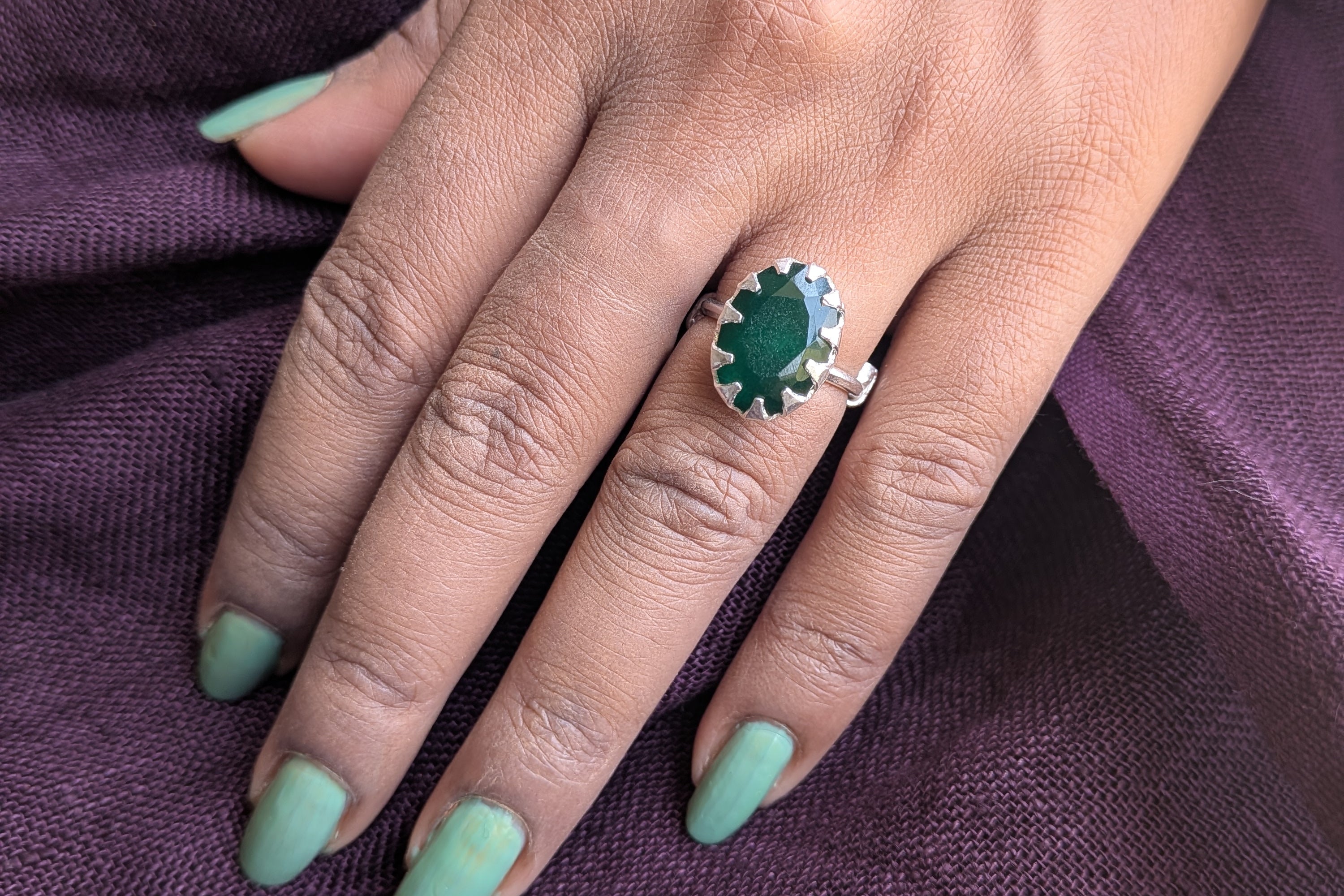 925 sterling silver ring set with natural parrot green quartz. A vibrant stone of prosperity and growth, handcrafted for bold, nature-inspired elegance.