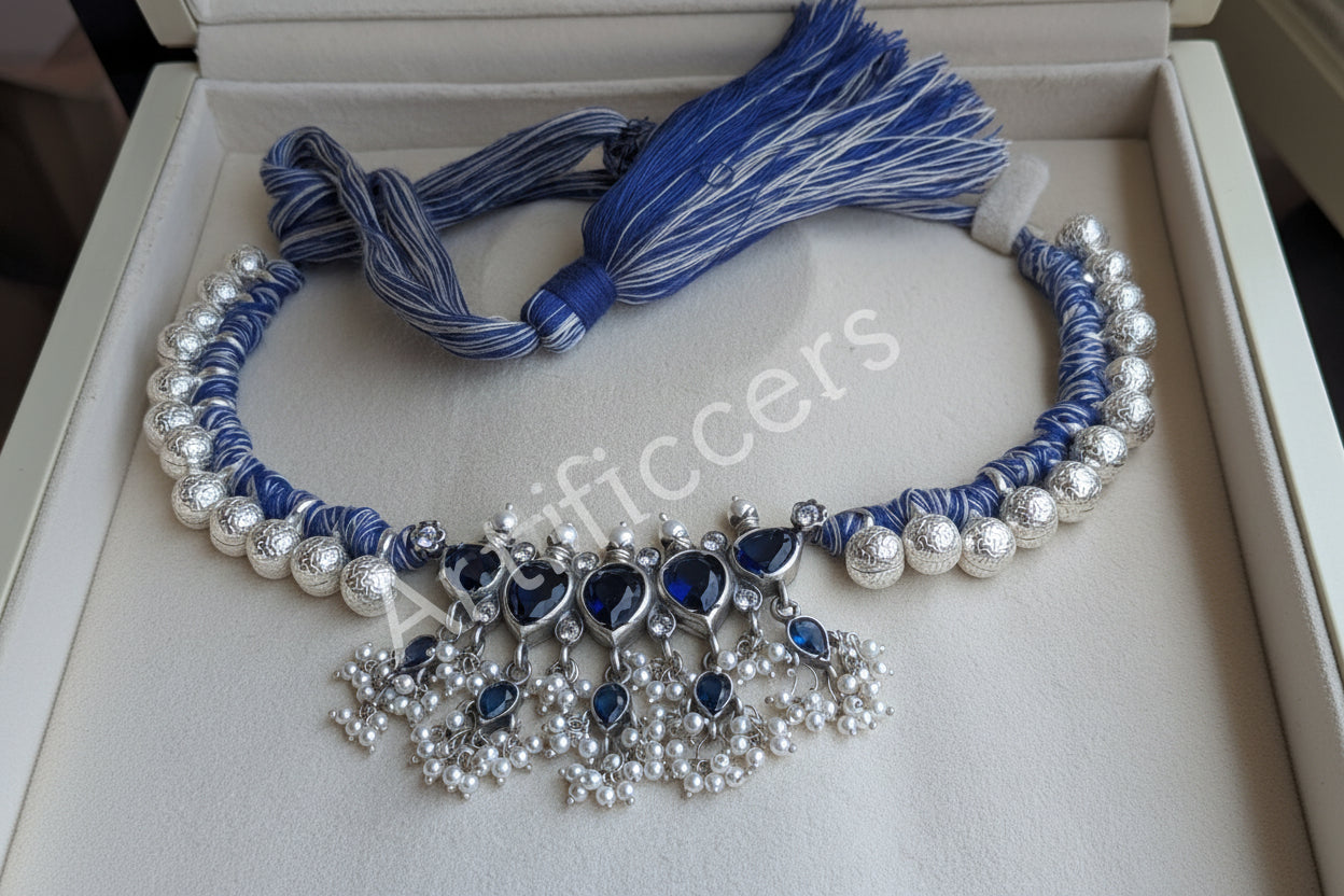 Neel Mogra - 925 Sterling Silver Tanmani adorned with Silver and Zircon beads & Freshwater Pearls
