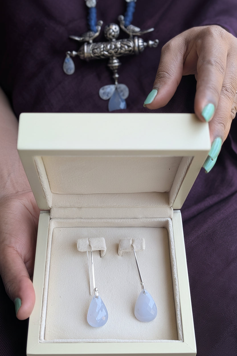 Handcrafted 925 sterling silver U-hook earrings with genuine Blue Chalcedony drop stone. Lightweight, elegant, and perfect for everyday luxury
