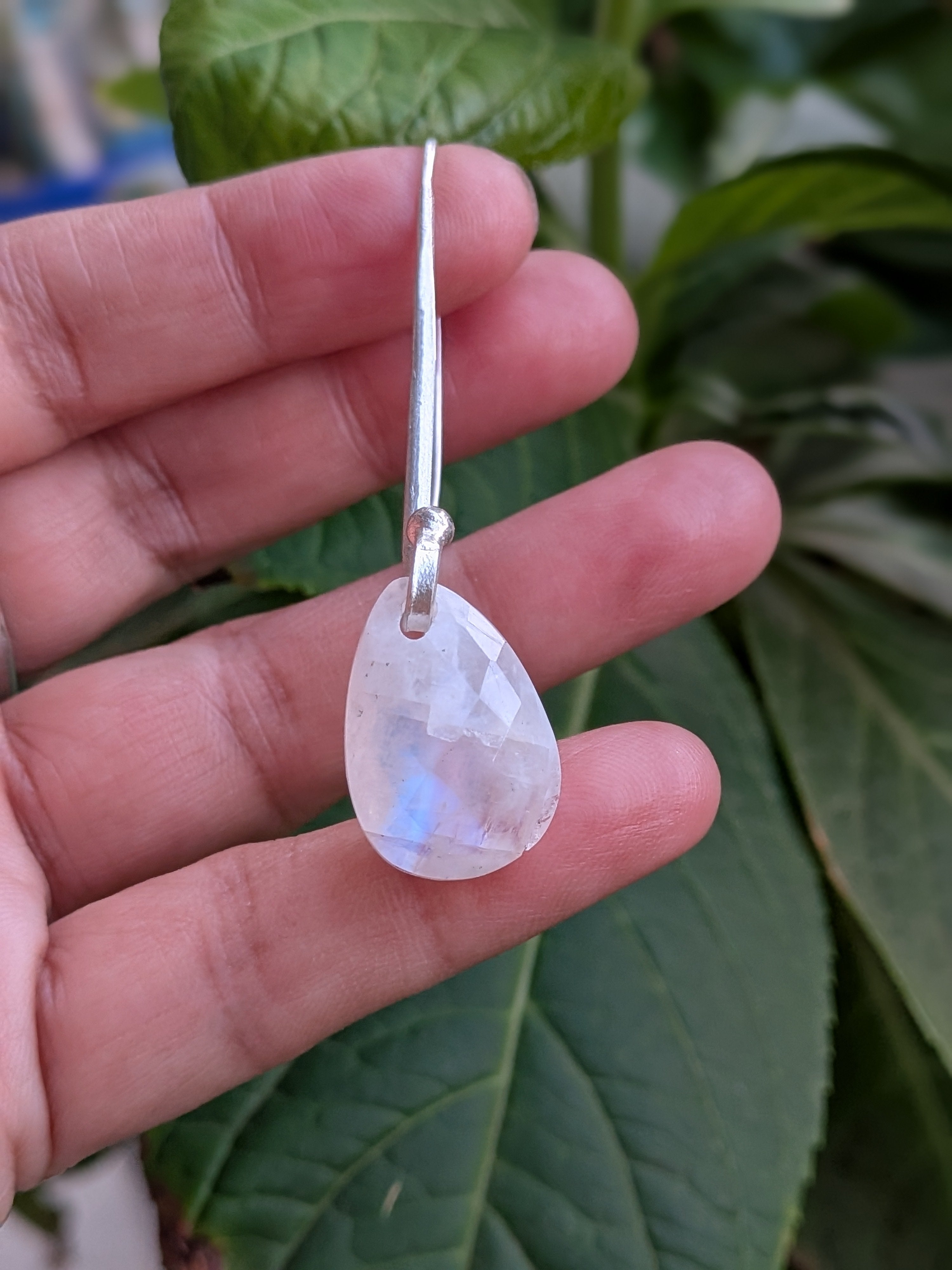 Handcrafted 925 sterling silver U-hook earrings with genuine Rainbow Moonstone drop. Ethereal shimmer, prosperity energy, and everyday luxury