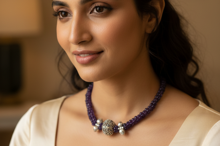Original AAA quality Amethyst Pumpkin Beads Necklace | 925 Silver | Artificcers
