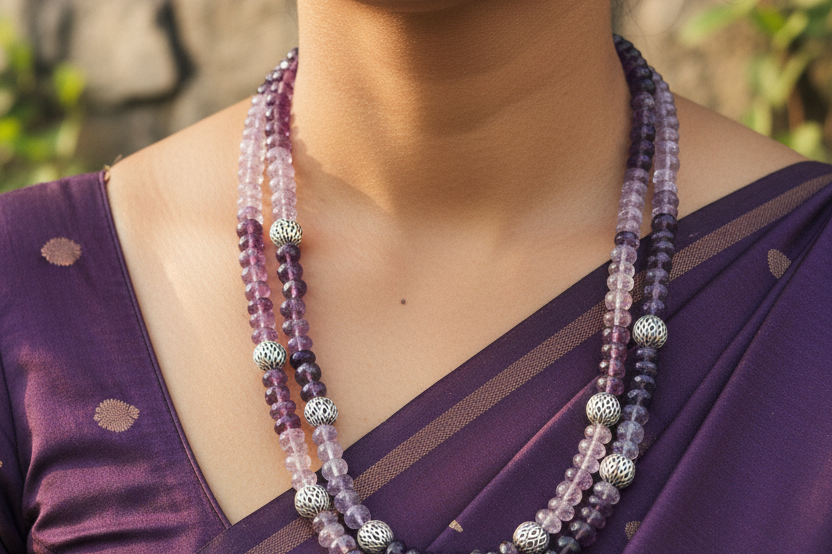 Handcrafted AAA+ amethyst two strand necklace in 925 sterling silver from Artificcers