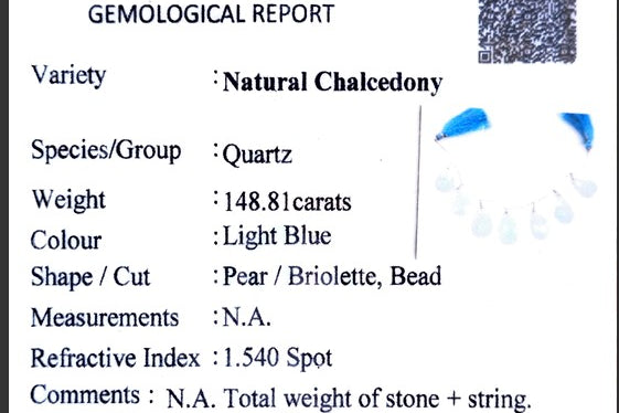 Blue calcedony Certificate from Artificcers