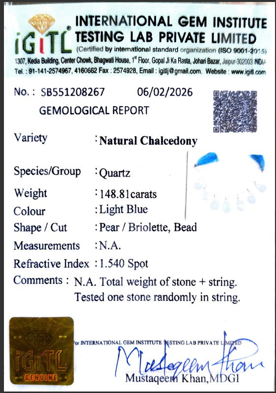 Blue calcedony Certificate from Artificcers