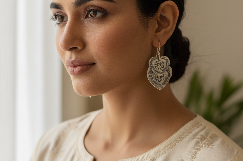Handcrafted double leaf dangle earrings in authentic 925 silver with light oxidized finish. Perfect for traditional and fusion looks