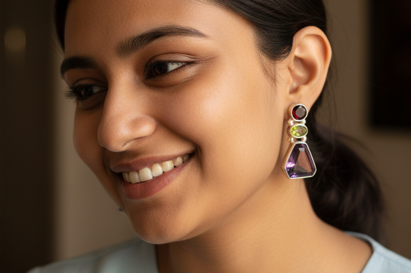 Noori - Statement 925 Silver Earrings studded with multi semi-precious stones