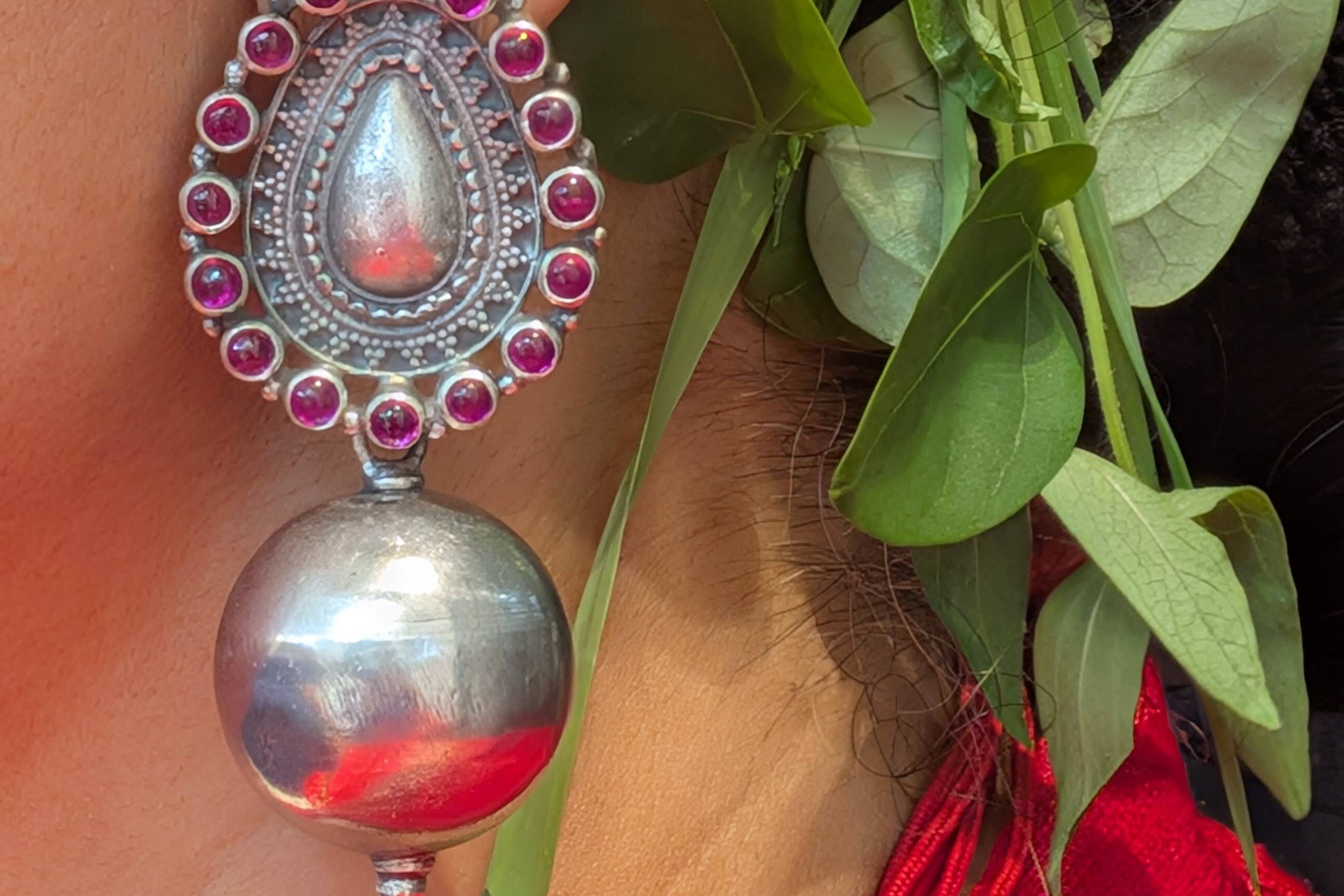 Advika - 925 Sterling Silver Large Jhumkas with Red Kemp Stones