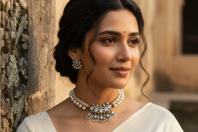 Gajara Tanmani - 925 Silver Necklace adorned with Zircon beads & Freshwater Pearls