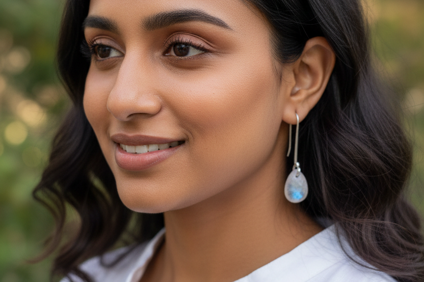 Handcrafted 925 sterling silver U-hook earrings with genuine Rainbow Moonstone drop. Ethereal shimmer, prosperity energy, and everyday luxury