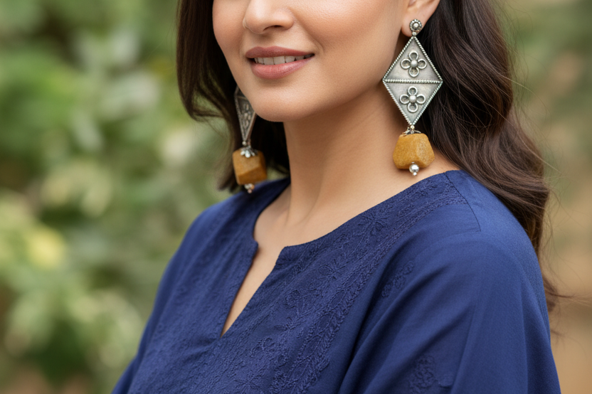 Handcrafted rhombus-shaped 925 silver earrings with yellow agate stones. Perfect for weddings, festivals, and traditional celebrations.