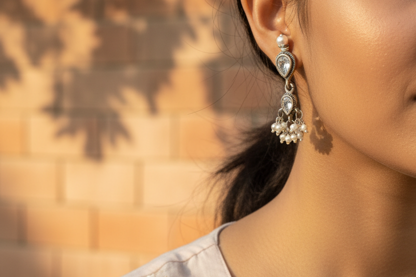 Handcrafted in 925 Silver, White Zircon and Freshwater Pearls Earrings